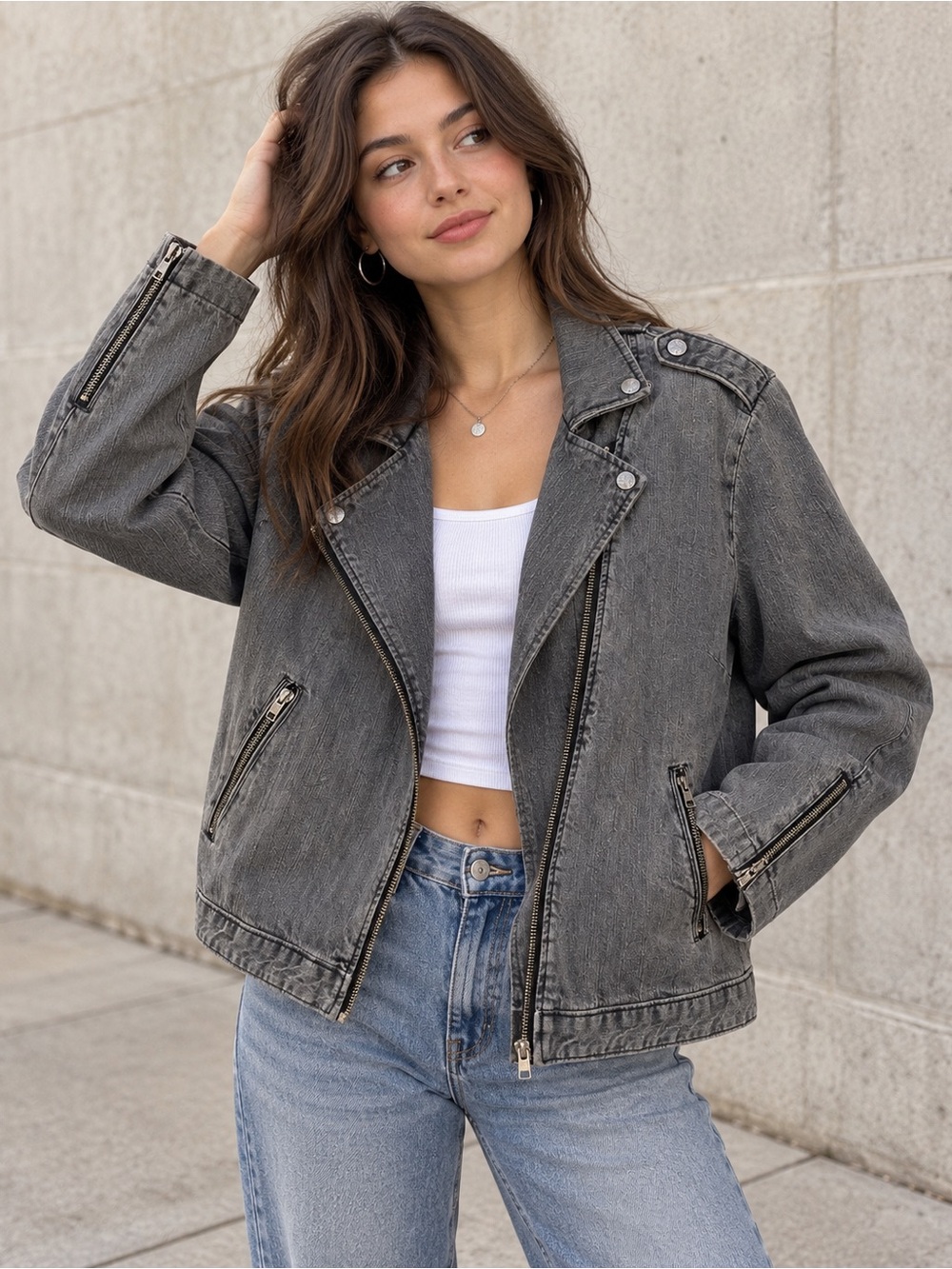 Vintage GAP Gray Denim Moto Jacket XL Asymmetrical Zip Biker Y2K 2010